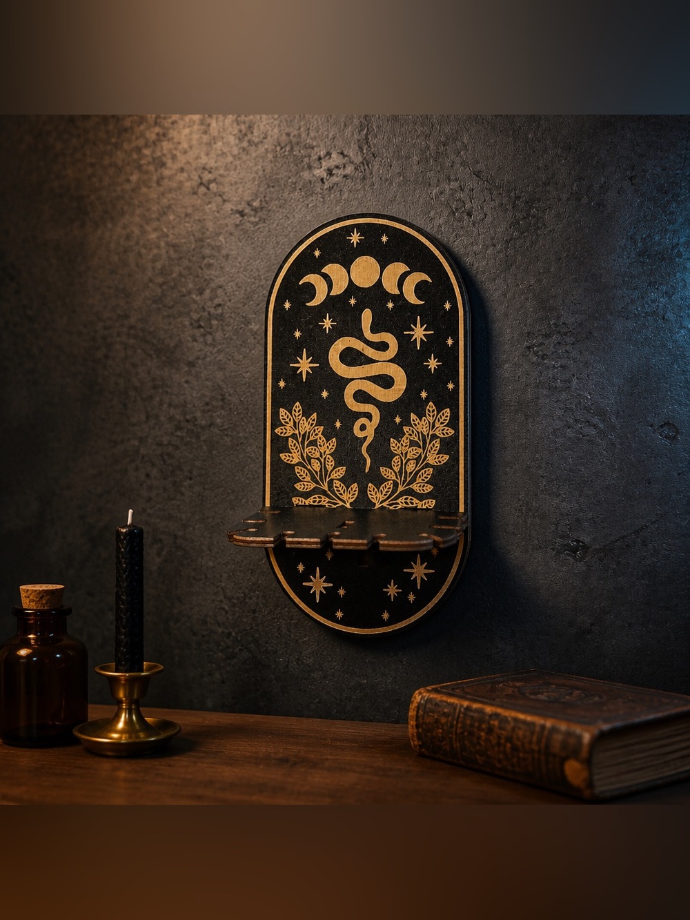wooden pendulum display shelf featuring celestial, serpent, and botanical motifs